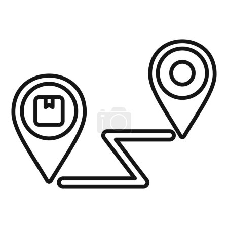 Minimalistisches schwarz-weißes Symbol der Paketzustellroute mit Standort-Pins und Linienzeichnungen für Versandlogistik und Navigationskonzept isoliert auf weißem Hintergrund. Geeignet für das Web. Mobil. Und App-Nutzung