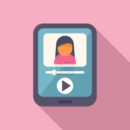 Vector illustration of a woman profile as an avatar on a mobile device screen with play button