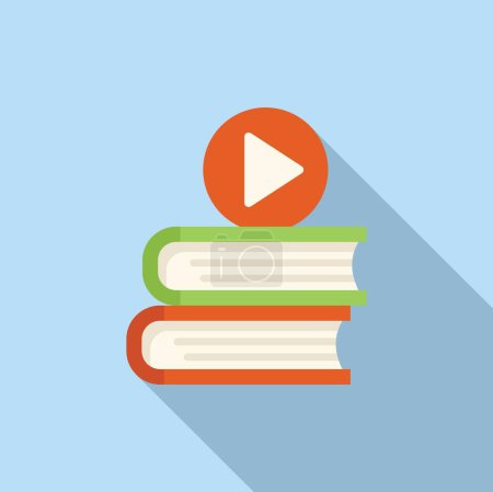 Flat design icon for elearning and online courses, with stacked books and play button