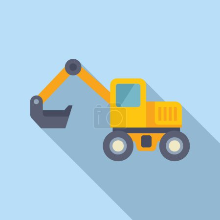 Flat design vector illustration of a cute yellow cartoon excavator with a shadow, perfect for children books and educational materials