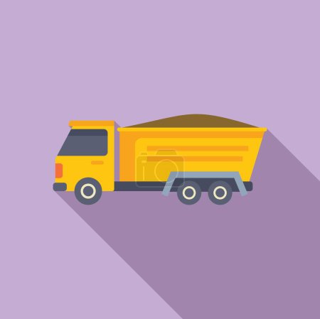 Flat design illustration of a yellow dump truck with a simple purple backdrop