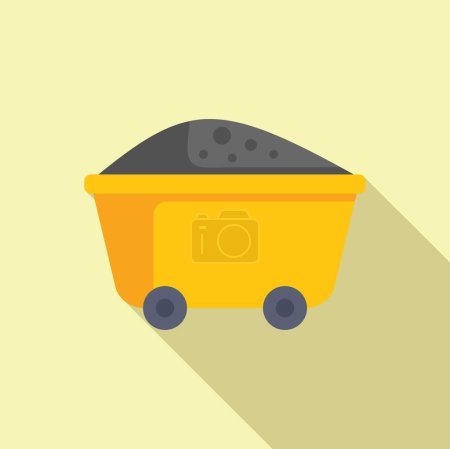 Flache Design-Illustration eines gelben Bergbauwagens voller Kohle, mit einem langen Schatten auf beigem Hintergrund