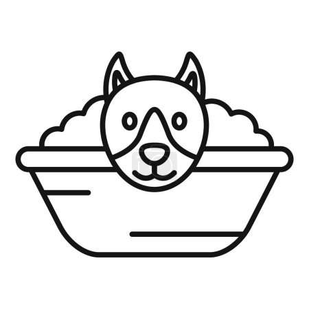 Black and white line drawing of a cute cartoon dog in a bubble bath