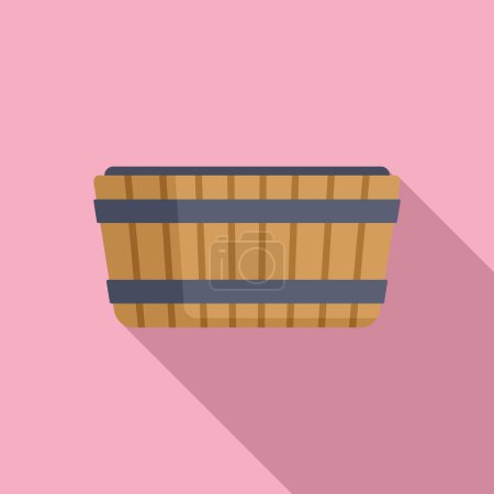 Flat design illustration of a wooden basket with shadow, isolated on a pastel pink background