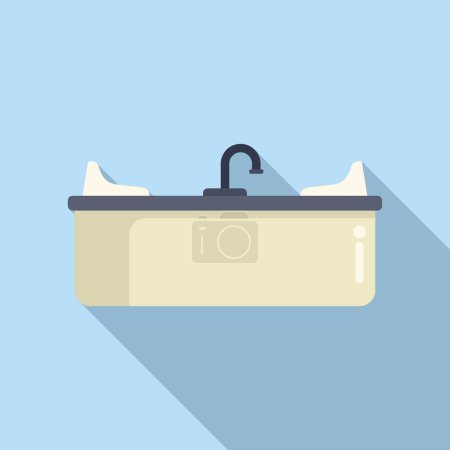 Minimalistic flat design icon of a double basin kitchen sink with modern faucet on a blue background