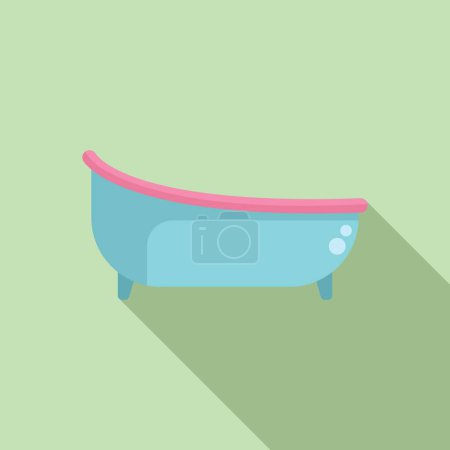 Minimalist flat design of a classic blue clawfoot bathtub with pink rim on a soft green pastel backdrop
