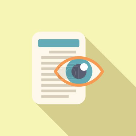 Flat design icon depicting a document under review with a stylized eye symbolizing scrutiny