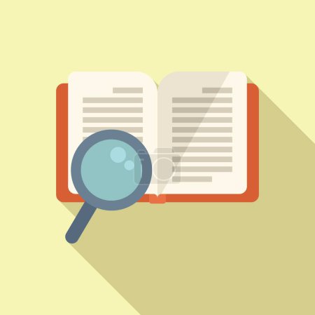 Colorful flat design illustration of an open book being examined with a magnifying glass