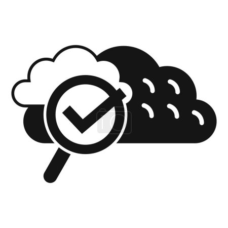 Icono de verificación de calidad en la nube con lupa para la validación de datos y la garantía de seguridad en tecnología moderna y servicios en línea confiables