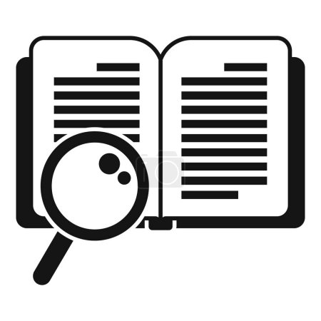 Black and white icon depicting a magnifying glass over an open book, symbolizing research and examination