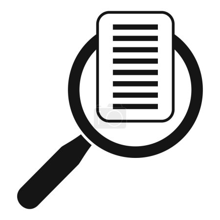 Black and white vector illustration of a magnifying glass inspecting a text document, symbolizing review or analysis