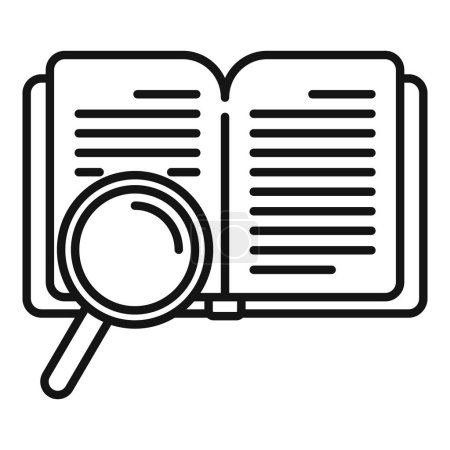 Black line art illustration of an open book with a magnifying glass symbolizing research and study