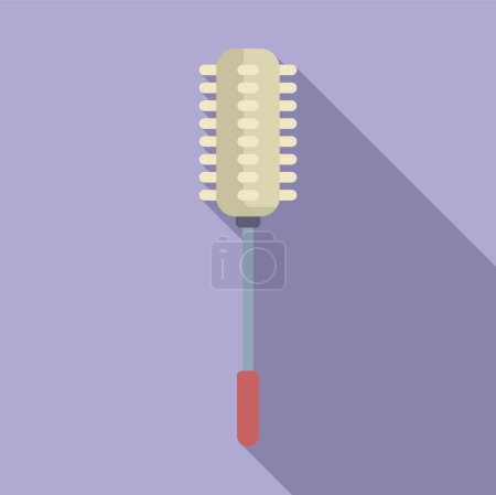 Flat design vector illustration of a toilet brush with a long handle and bristles, isolated on a purple background
