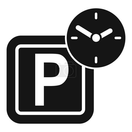 Icono blanco y negro de un letrero de estacionamiento con un reloj, que indica tiempos de estacionamiento limitados
