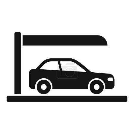 Black silhouette of a car parked under a flatroofed carport, isolated on a white background