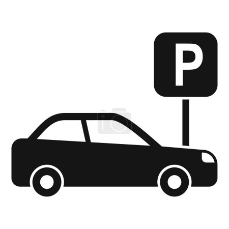 Simple icon depicting a sedan car parked beside a parking area sign, in a flat design style