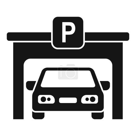 Black and white icon of a car under a parking sign, representing a parking garage or lot
