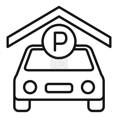 Line art icon featuring a car parked under a shelter with a parking sign