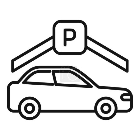 Simple line art icon of a car under a parking shelter sign