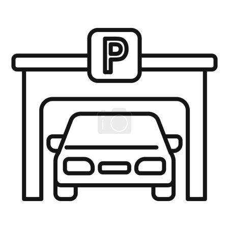 Simplistic line art icon featuring a car parked in a garage, ideal for parking signs or apps