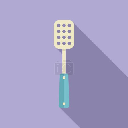 Modern flat design graphic of a kitchen spatula with a blue handle on a purple background