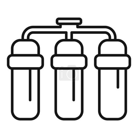 Vector illustration of a minimalist black and white water filtration system icon with outline symbol, representing threestage purification technology, plumbing, and tap