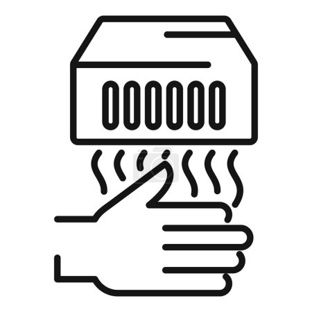 Icono lineal que ilustra una mano sosteniendo una caja de comida para llevar humeante, adecuada para menús y aplicaciones