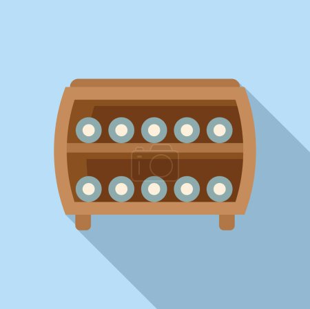 Simple, flat design icon featuring a vintage wooden egg cabinet with eggs on blue background