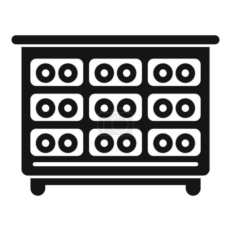 Schwarz-weiße Symboldarstellung eines klassischen hölzernen Apothekerschranks mit mehreren Schubladen
