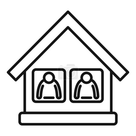 Minimalistische Schwarz-Weiß-Linienzeichnung, die zwei Figuren innerhalb eines Hauses zeigt und Zusammengehörigkeit und Zuflucht symbolisiert