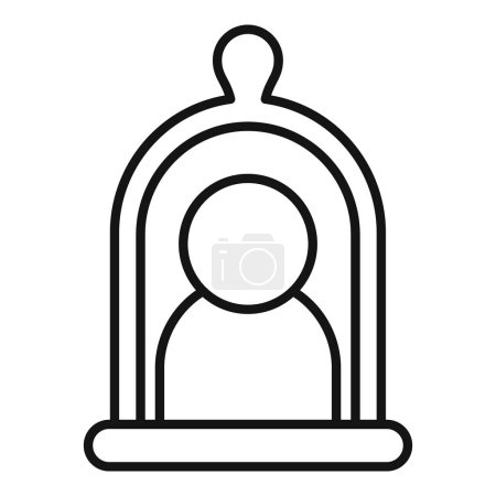 Simple line art design representing a person inside a cage, depicting confinement or restriction