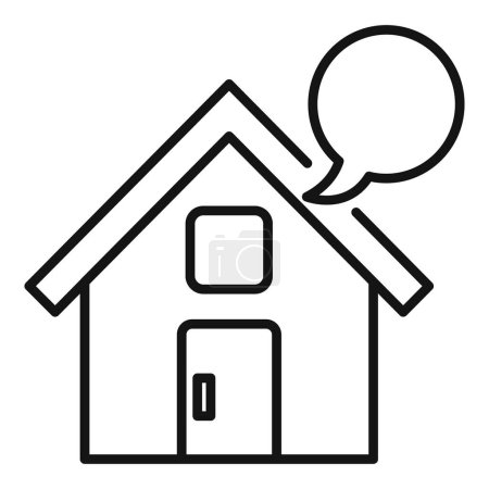 Téléchargez les illustrations : Illustration linéaire simple d'une maison avec une bulle de discours, symbolisant la communication ou les discussions immobilières - en licence libre de droit