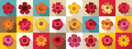 Rafflesia iconos vectoriales planos. Una colorida variedad de flores en un patrón de rejilla. Las flores son de varios tamaños y colores, incluyendo rojo, amarillo y naranja. Concepto de vitalidad y diversidad