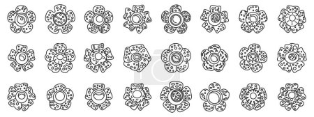 Rafflesia esboza iconos vectoriales. Una fila de flores con diferentes formas y tamaños. Las flores son todas en blanco y negro. La imagen tiene un ambiente tranquilo y pacífico