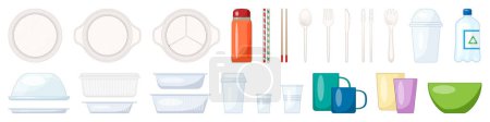 Plastic tableware cartoon vector icons. A collection of disposable dinnerware and utensils. The tableware includes bowls, cups, spoons, forks, and knives. The utensils include a spoon and a fork