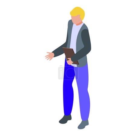 Téléchargez les illustrations : Homme d'affaires isométrique utilisant une tablette pour la communication professionnelle et le réseautage dans un cadre de bureau d'entreprise moderne, debout et gestuel avec une illustration numérique colorée - en licence libre de droit