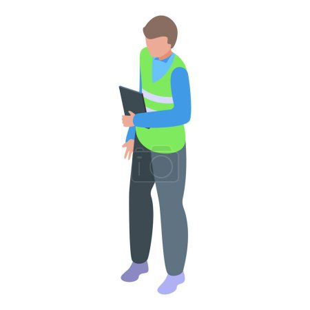 Isometric vector graphic of a professional engineer in safety vest holding a clipboard