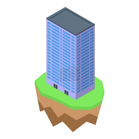3d ilustración isométrica de un rascacielos moderno en un pedazo de tierra flotante con hierba