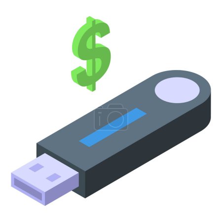 Isometrische Illustration eines USB-Sticks mit einem grünen Dollarzeichen, das den Datenwert und die Speicherung digitaler Währungen symbolisiert