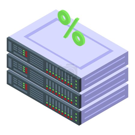 3D-isometrische Darstellung von Servern in einem Rechenzentrum mit einem grünen Prozentsymbol, das Serverlast oder Datenanalyse anzeigt