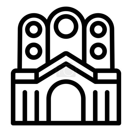 Ilustración de una icónica silueta de castillo de dibujos animados en blanco y negro con torretas. Battlements. Drawbridge. Y puertas. Representando un reino mágico de fantasía y un mundo de cuento de hadas