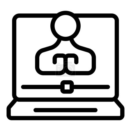 Black and white iconographic image depicting a person on a computer screen for video conferencing