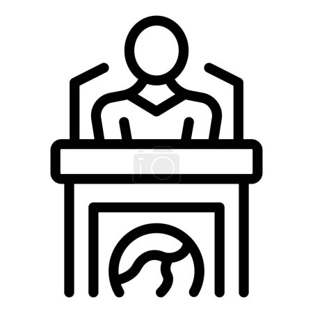 Sleek line icon depicting a person delivering a speech at a podium with a microphone