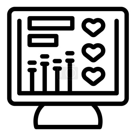 Schwarz-weißes Vektor-Symbol eines Computermonitors, das Kundenbewertungen mit Herzen anzeigt
