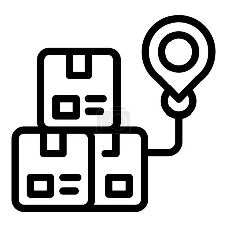 Téléchargez les illustrations : Icône de ligne noire des paquets empilés et une broche de localisation, symbolisant l'adresse de livraison - en licence libre de droit