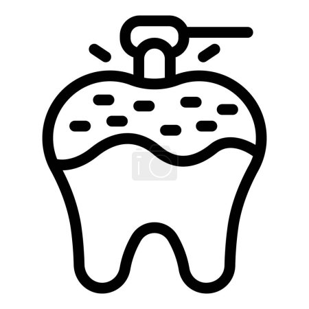 Illustration of dental filling icon in black and white vector line art for oral health care, dentist treatment, cavity repair, and tooth restoration, depicting enamel protection and hygiene practice