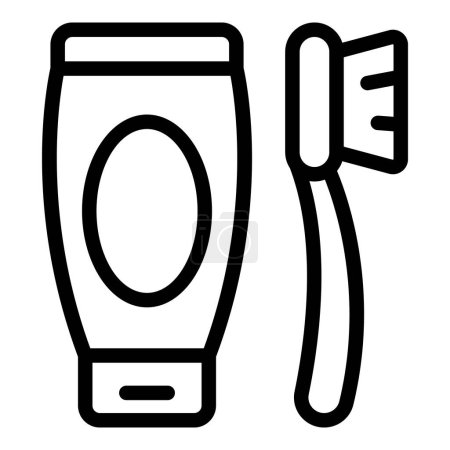 Black and white line art icon of a toothpaste tube and toothbrush