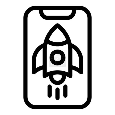 Modernes flaches Design Raketenstart Smartphone-Symbol für mobile App und Web-Schnittstelle mit schwarz-weißer Vektorsilhouette, perfekt für Technologie, Business und Kommunikationskonzept