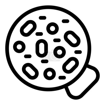 Black and white line icon of a petri dish with bacterial colonies