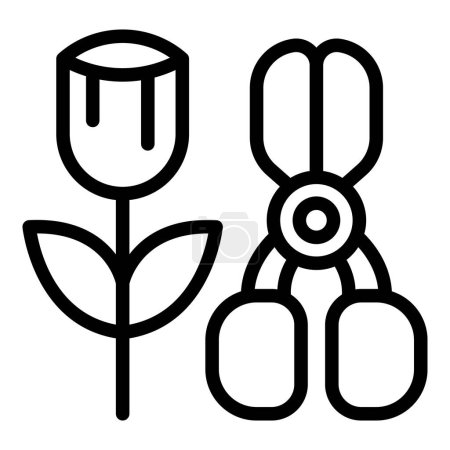 Line art icon featuring a rose and a pair of garden shears, symbolizing gardening and horticulture